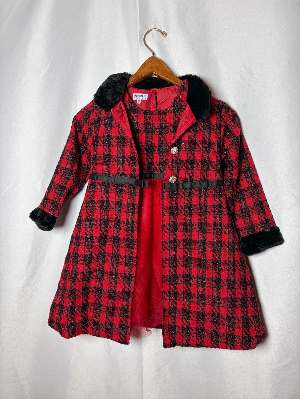 Blueberi Boulevard Red & Black Plaid Pea Coat with Faux Fur Trim
